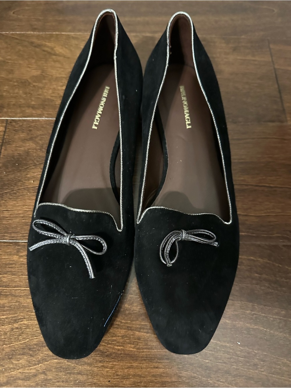 Bruno Magli Black Suede Flats with Silver Trim and Bow